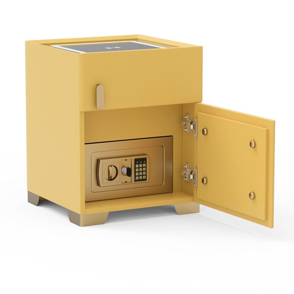Yellow Smart Nightstand w/Security Safe Lock Box,3-Color Light,Wireless Charging