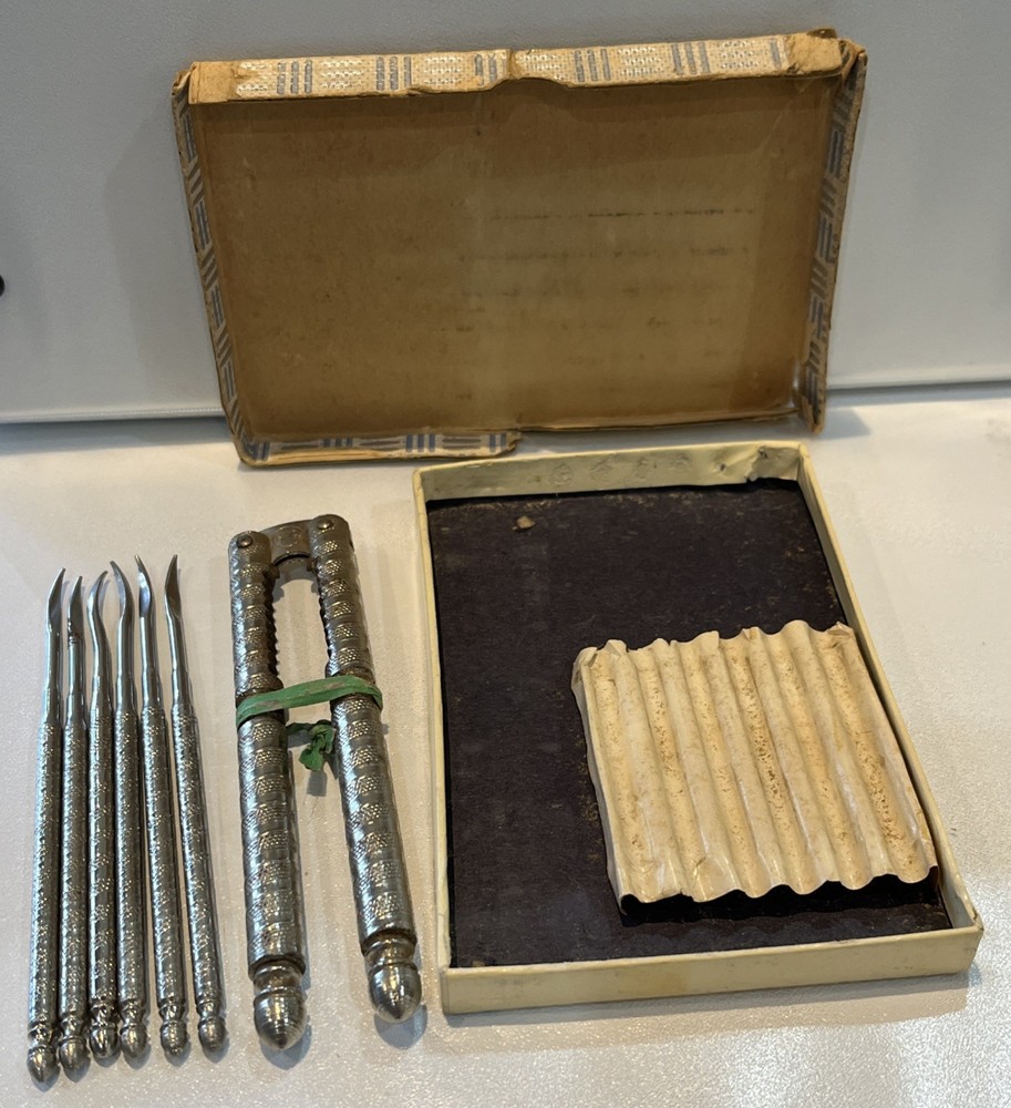 VTG HMQ Nutcracker Set In Original Box, Silver Tone, 6 Picks + Nutcracker