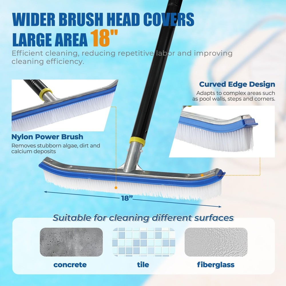 Pool Brush with Adjustable Rustproof Metal Pole - 2 FT Pool Scrubber for Abov...