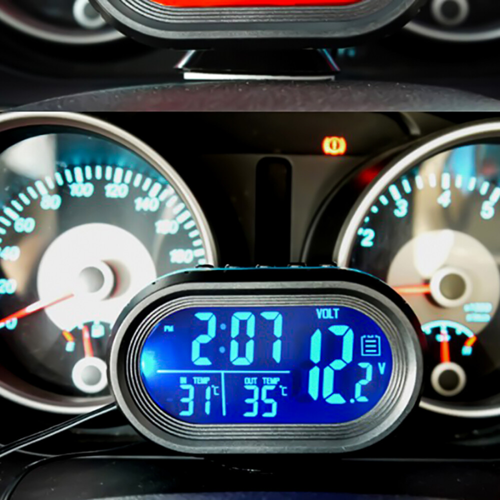 Mini Car Dash Panel Blue LED Digital Thermometer/Voltmeter/Clock Voltage Gauge