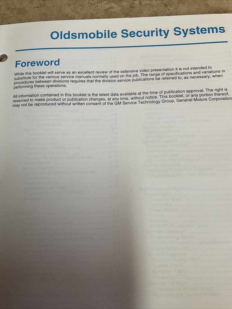 Oldsmobile Security Systems Manual Original November 1997 Edition