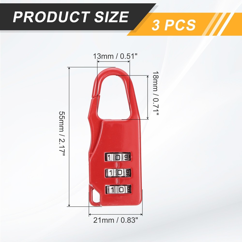 3Pcs Resettable 3 Digit Combination Lock Code Padlock, Red (55 x 21mm)