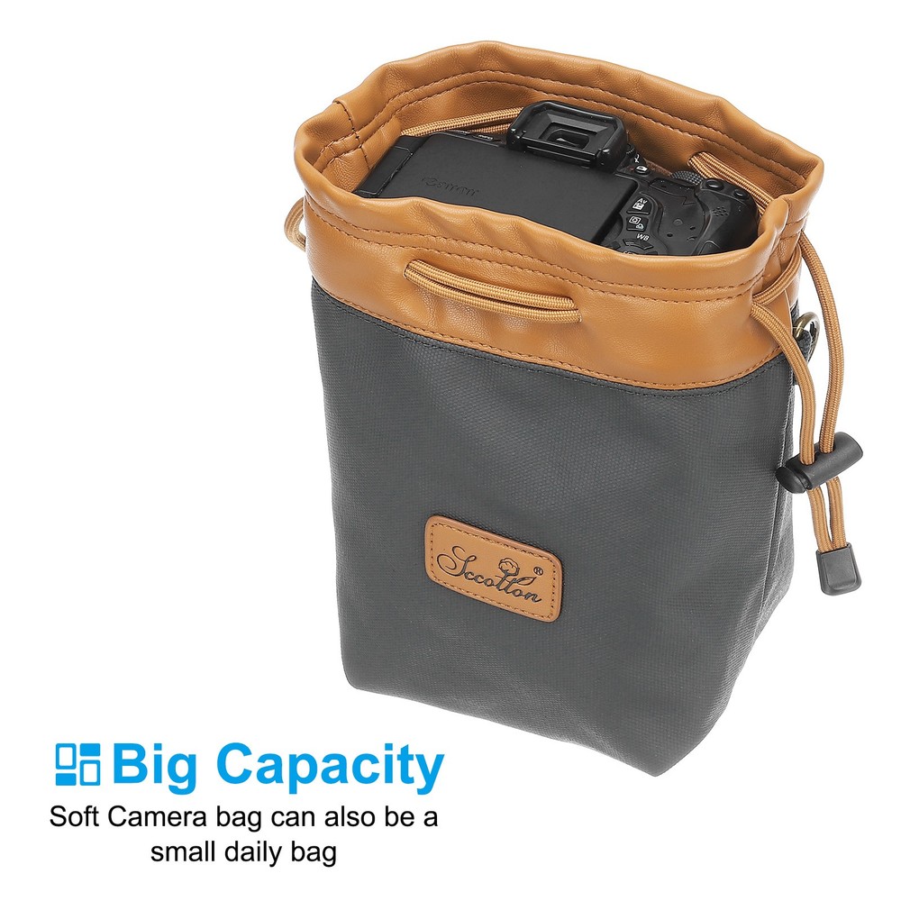 Soft Camera Bag, L Size Camera Drawstring Shoulder Bag with Hand Strap, Grey