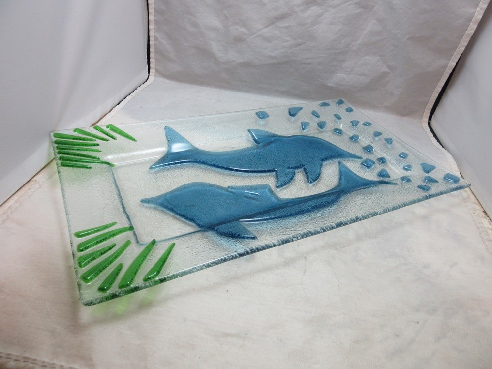 Fused art glass serving platter with Dolphins