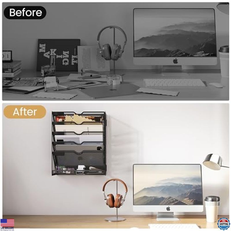 6-Tier Wall Mounted File Organizer, Black Mail & Document Holder, Desk Tray