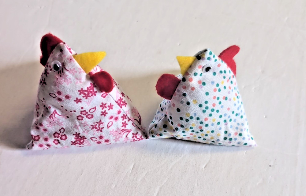 2 Chicken Pin Cushions Triangular Shape 4”