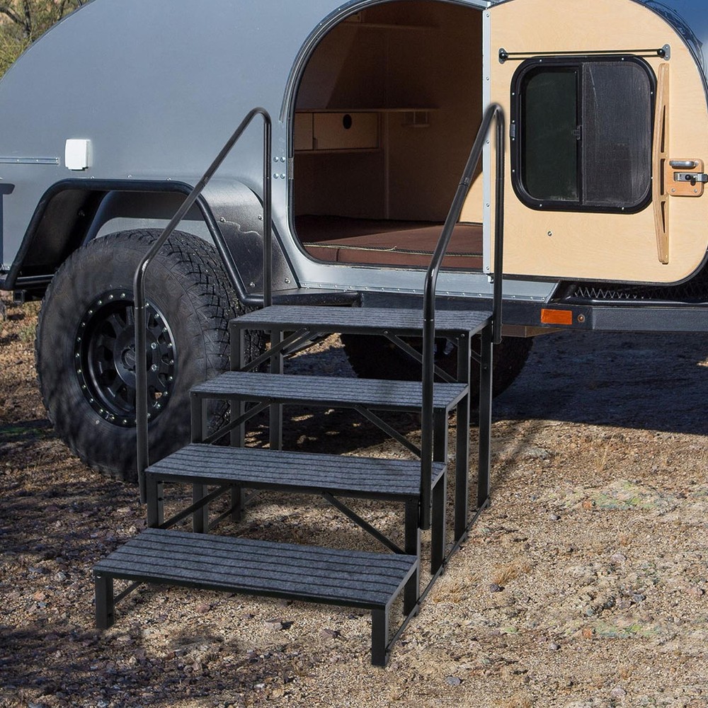 4 RV Steps with Handrails 4th Wheel Hot Tub Steps Anti-Slip RV Stair Step Ladder