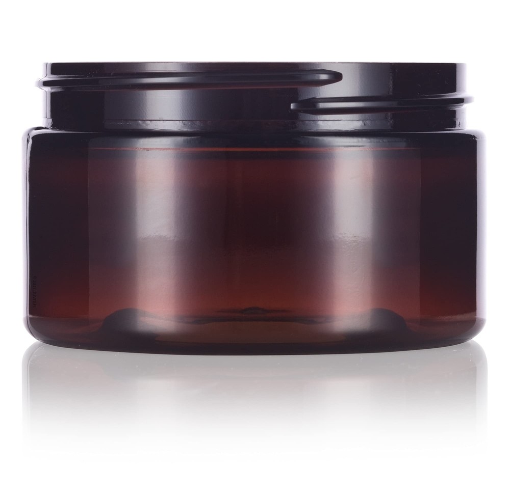 8 oz Amber Plastic Refillable Low Profile Jar with Black Lid 6 Pack