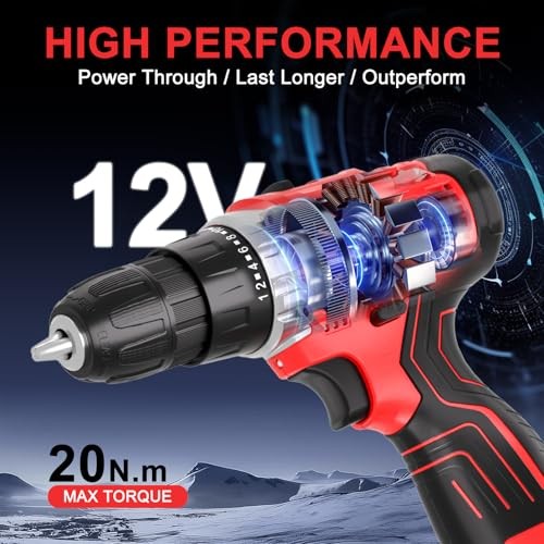 Drill Set 12V Cordless Electric Drill Driver 12V - 2 Batteries - Red - Basic