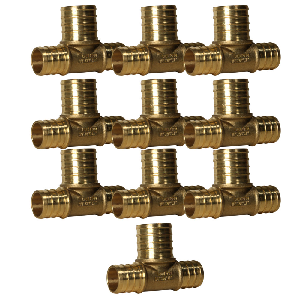 10 Pack XFITTING 3/4" x 3/4" x 1" Pex B Tee, Lead Free Brass, Crimp Fitting