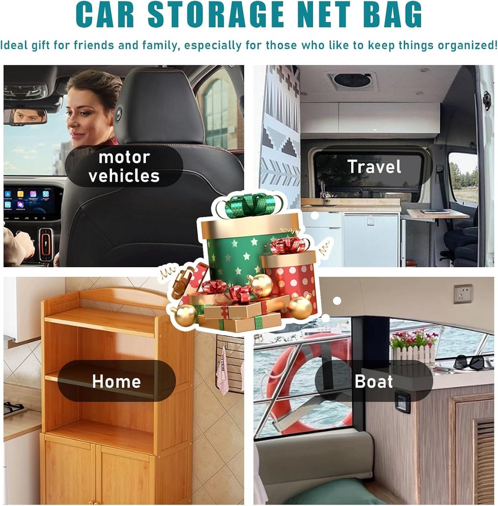 2 PCS Car Storage Net Bag, ABS Plastic Frame Auto Mesh Net Holder with Secure Sc