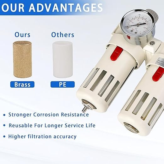 1/2" NPT Compressed Air Filter Regulator Combo, 5 Micron Brass Filter