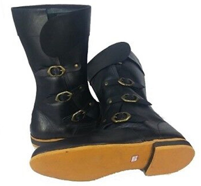 Medieval Leather long boot pair Three Buckle Up Black leather boot pair