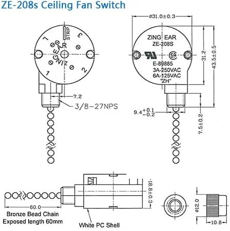 Ceiling Fan Switch ZE-208s E89885 - 3 Speed 4 Wire Fan Light Switch Replacement