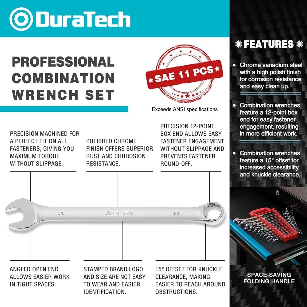 Duratech 11-Piece SAE Combination Wrench Set with Organizer