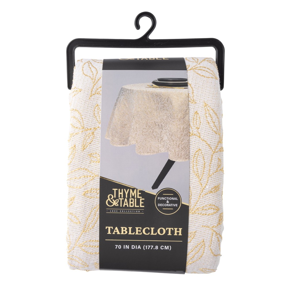 70" Round Tablecloth, Cream and Gold Leaf