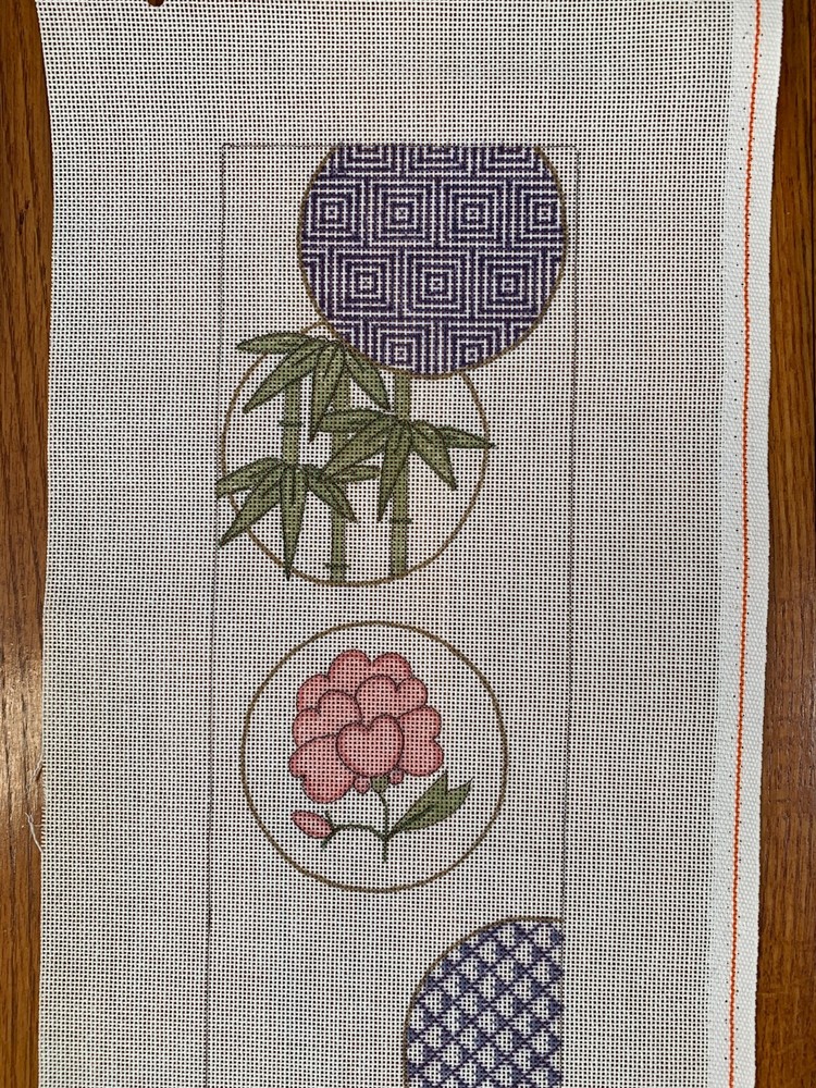 Stylized Floral Bell Pull Handpainted Needlepoint Canvas Peony Cherry Blossom