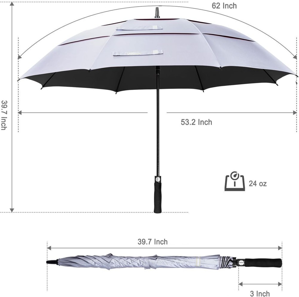 UPF50+ Windproof Umbrella Triple-Layer Vented Canopy Auto Open 62" Silver/Black