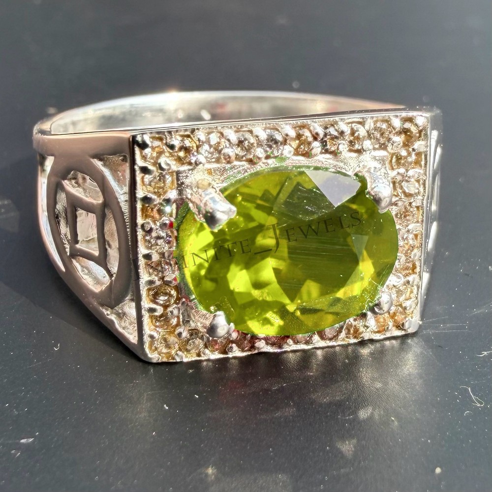 Natural Peridot Gemstone Ring With 925 Sterling Silver Ring For Men's