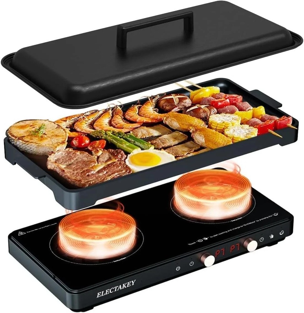 ELECTAKEY Induction Cooktop TWO Burner with Removable Cast Iron Griddle Pan Non