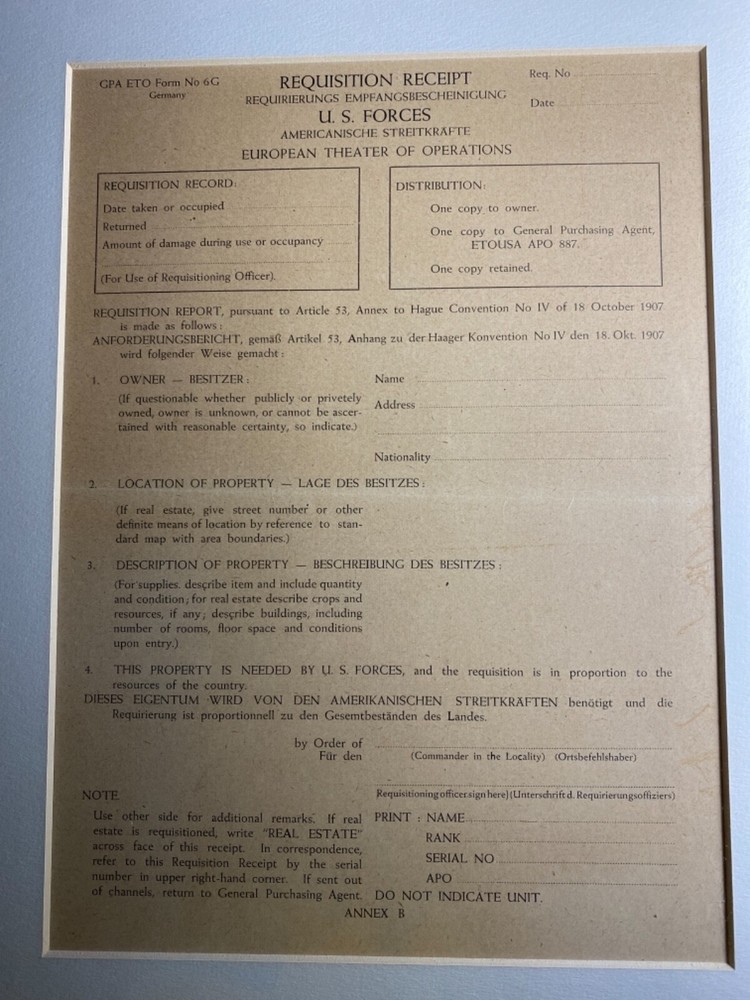 Original Framed WW2 Occupied Germany Citizen Blank Property Requisition Receipt