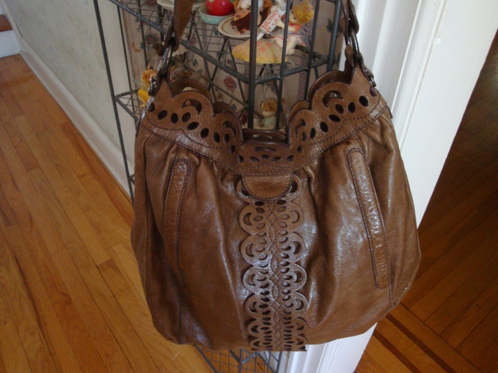 FAB LOCKHEART MOO1964 SOLID BROWN TOOLED LEATHER SHOULDER TOP HANDLE SATCHEL