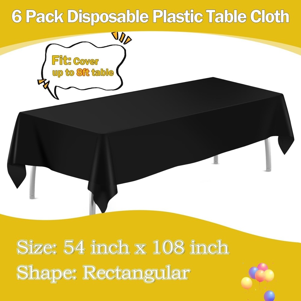 Black 6 Pack Plastic Table Cloth 54" X 108" Disposable Tablecloths Rectangle