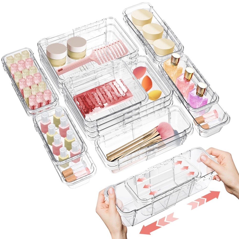 15 Pcs Extendable Clear Drawer Organizer All Adjustable Vanity Storage Box 2