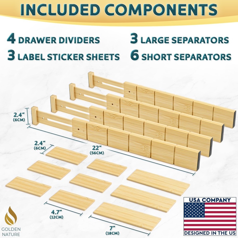 Bamboo Drawer Organizer - with Inserts & Labels, 17-22" - Adjustable Spring L...