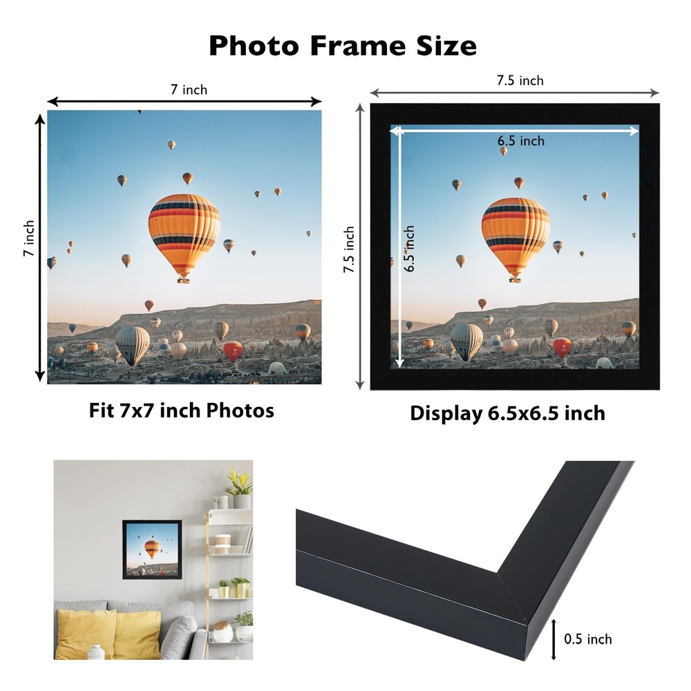 7x7 Picture Frame Black for Wall Hanging or Tabletop, Wall Mounting Horizonta...