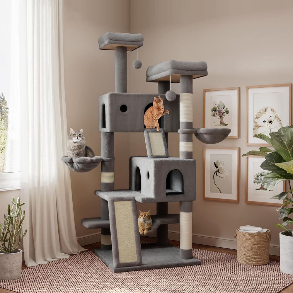 Large 65" Cat Tree Tower with Cozy Perches, Scratching Posts & Hammock - Grey