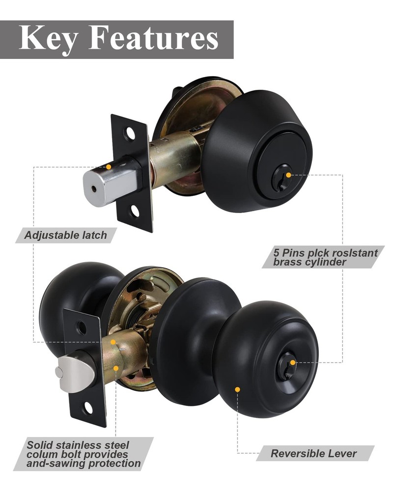 Lanwandeng All Keyed Alike Entry Door Knobs and Single 1 Pack, Matte Black