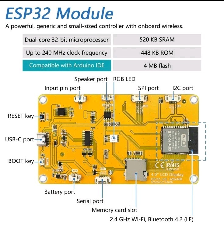 Freenove ESP32 4" Touchscreen Display LCD WiFi Bluetooth ST7796 LVGL Code Kit