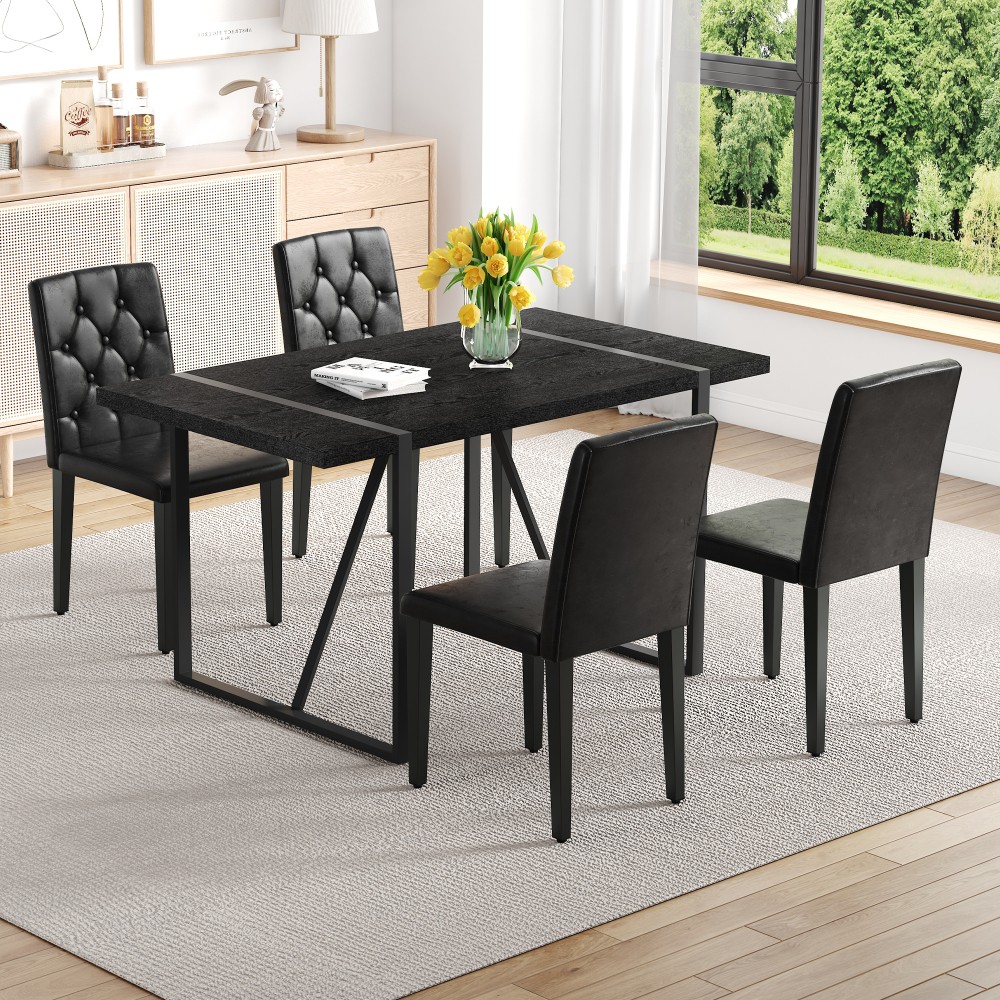 Black MDF Dining Table Set w/4 PU Chairs, Retro Modern Style