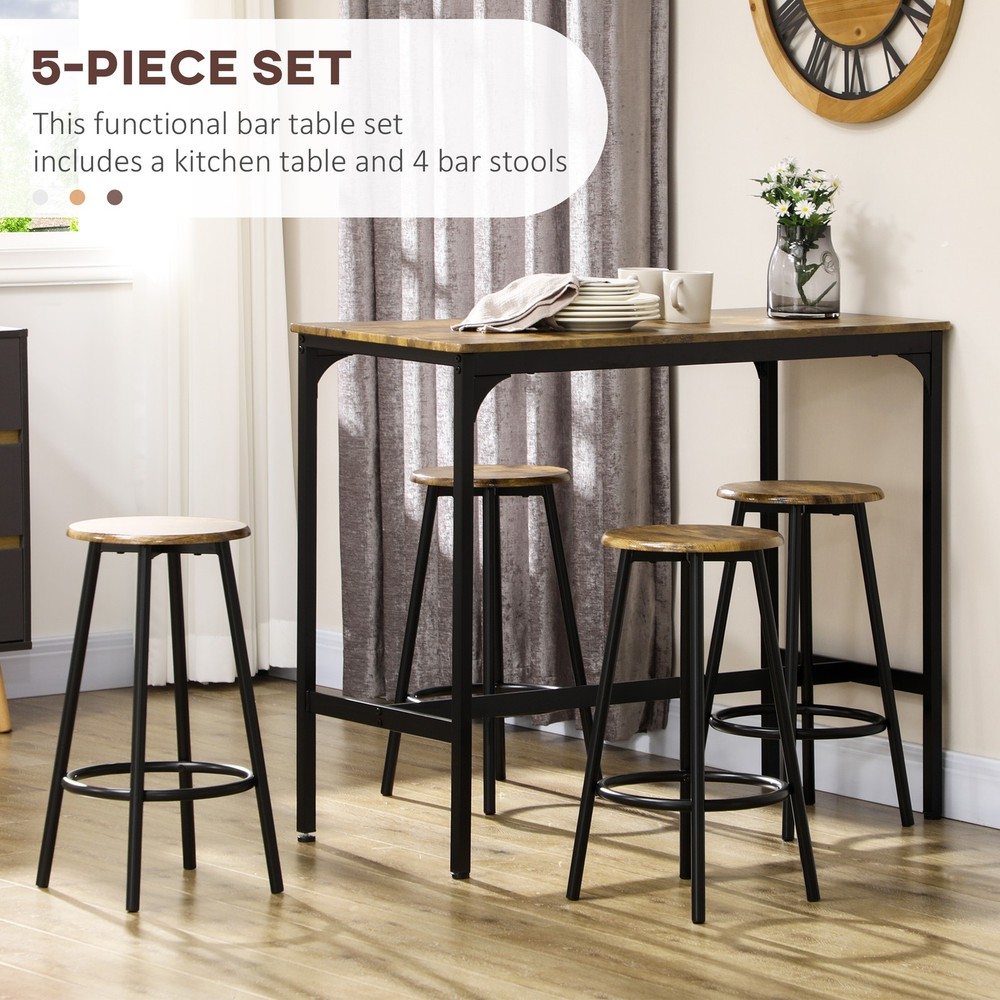 5 Piece Bar Table Set for 4, Counter Height Table & 4 Stools, Rustic Brown