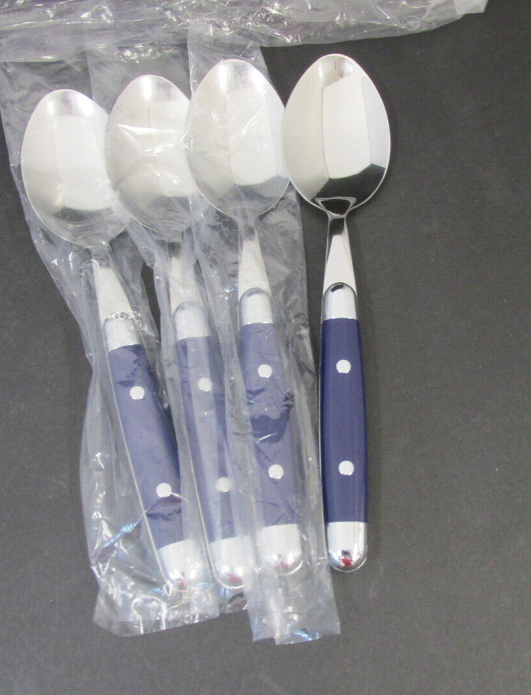 JUBILEE BLUE STAINLERSS PLASTIC HANDLE RIVETS FLATWARE SOUP SPOONS FOUR