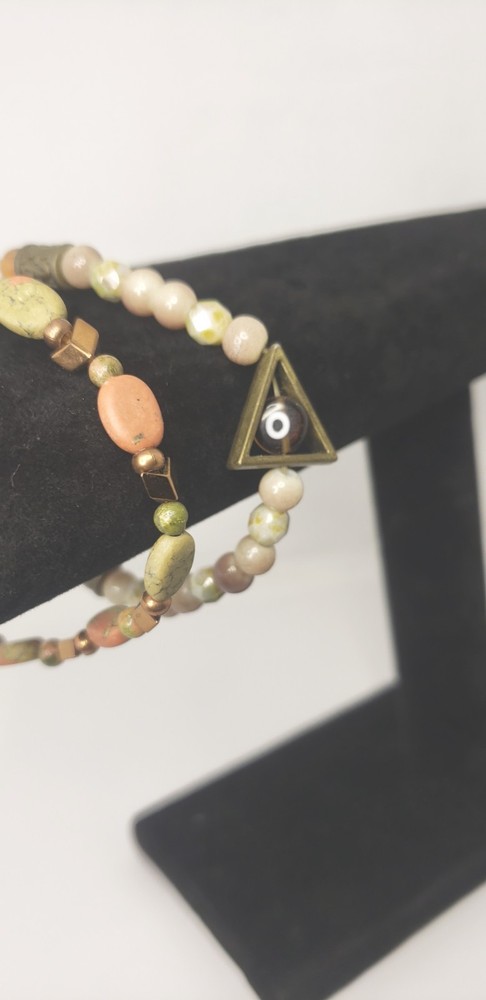 Gemstone Stackable Bracelets| Unakite & Sunstone Bracelet Set| Stretch Bracelet