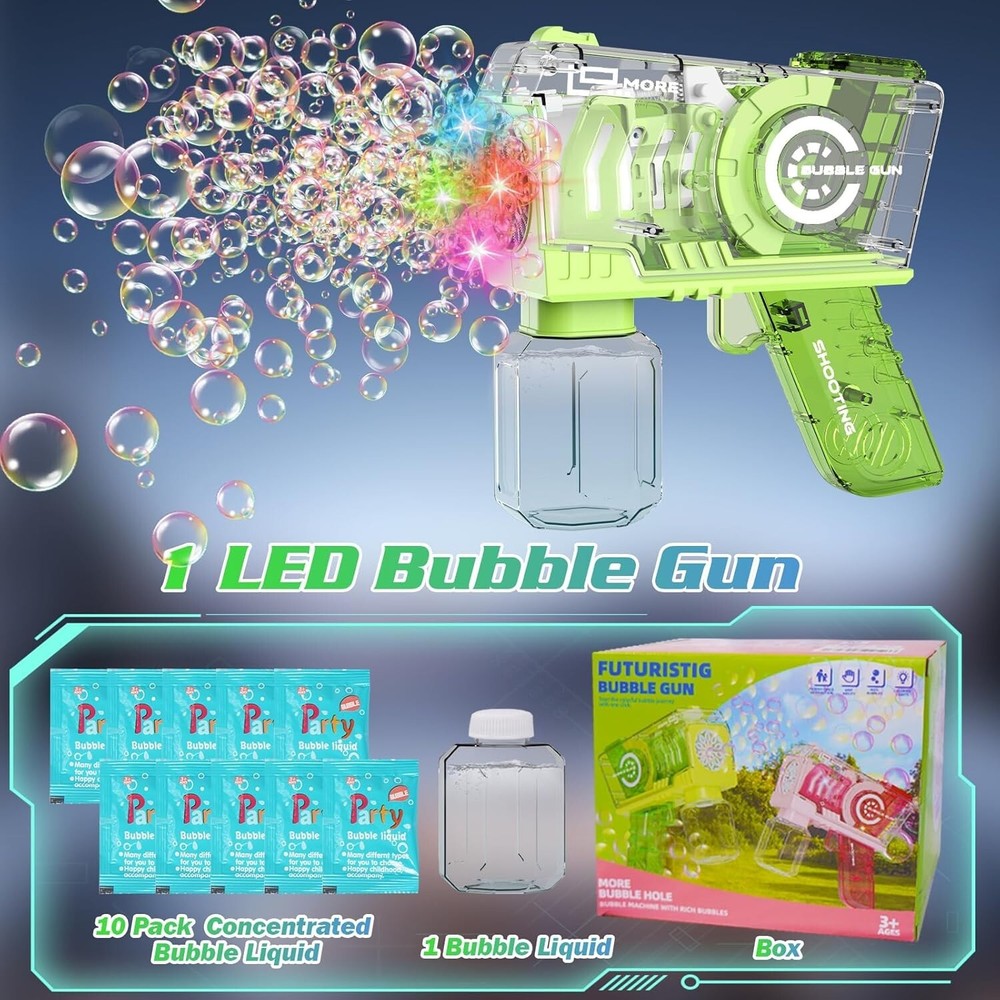 Bubble Machine Automatic Bubble Gun with LED Lights & Solution- Green