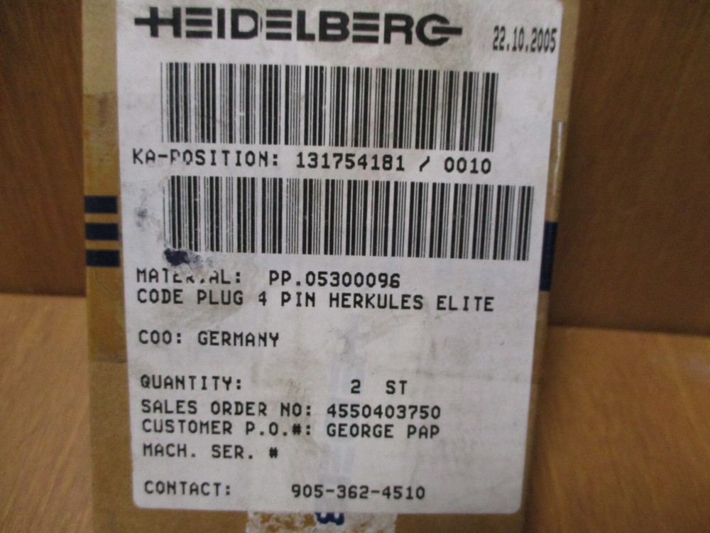 HEIDELBERG PRESS CODE PLUG 4 PIN HERKULES ELITE. PART#PP.05300096, SEALED