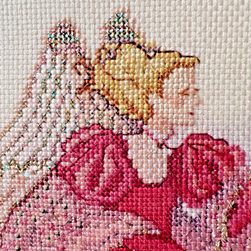 Completed Needlework VNTG. Framed Cross Stitch ANGEL Pink Spring Easter Sparkly!