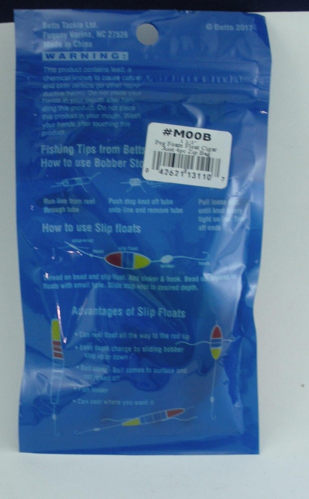 Betts M00B 1.5in Peg Float Assorted Colors 4pk