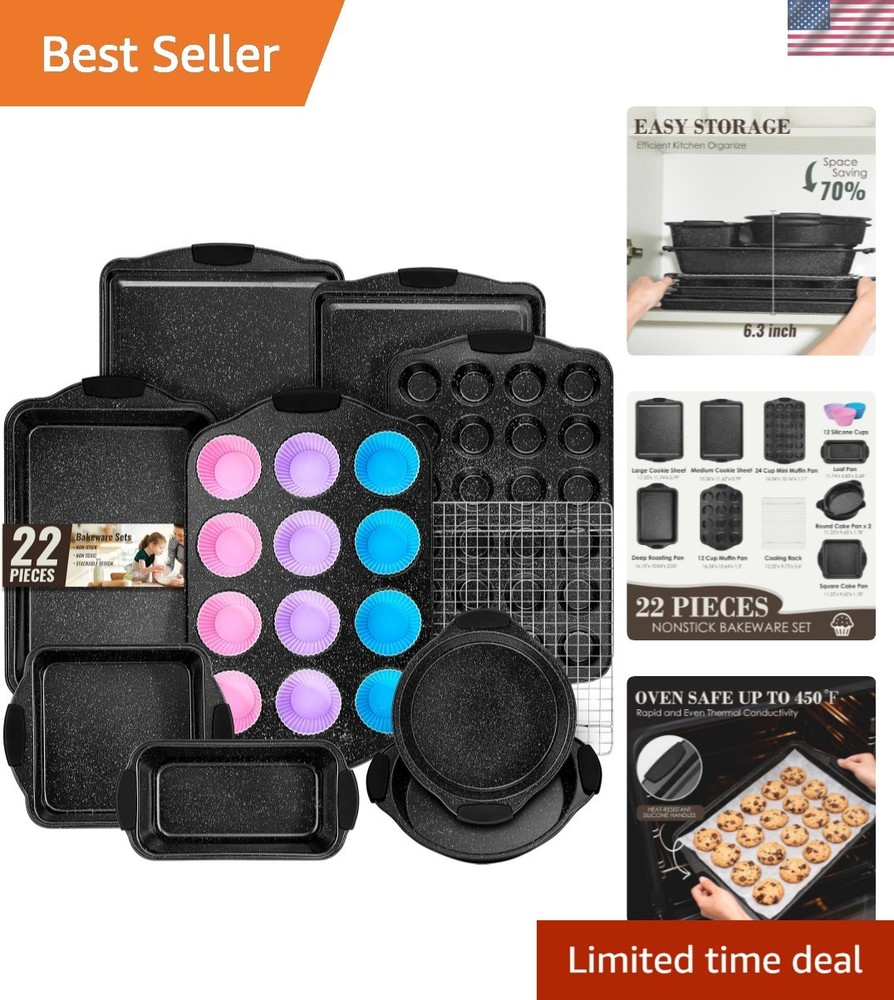 Baking Pans Set Nonstick, Bakeware Sets Stackable with Silicone Handles, 22 P...
