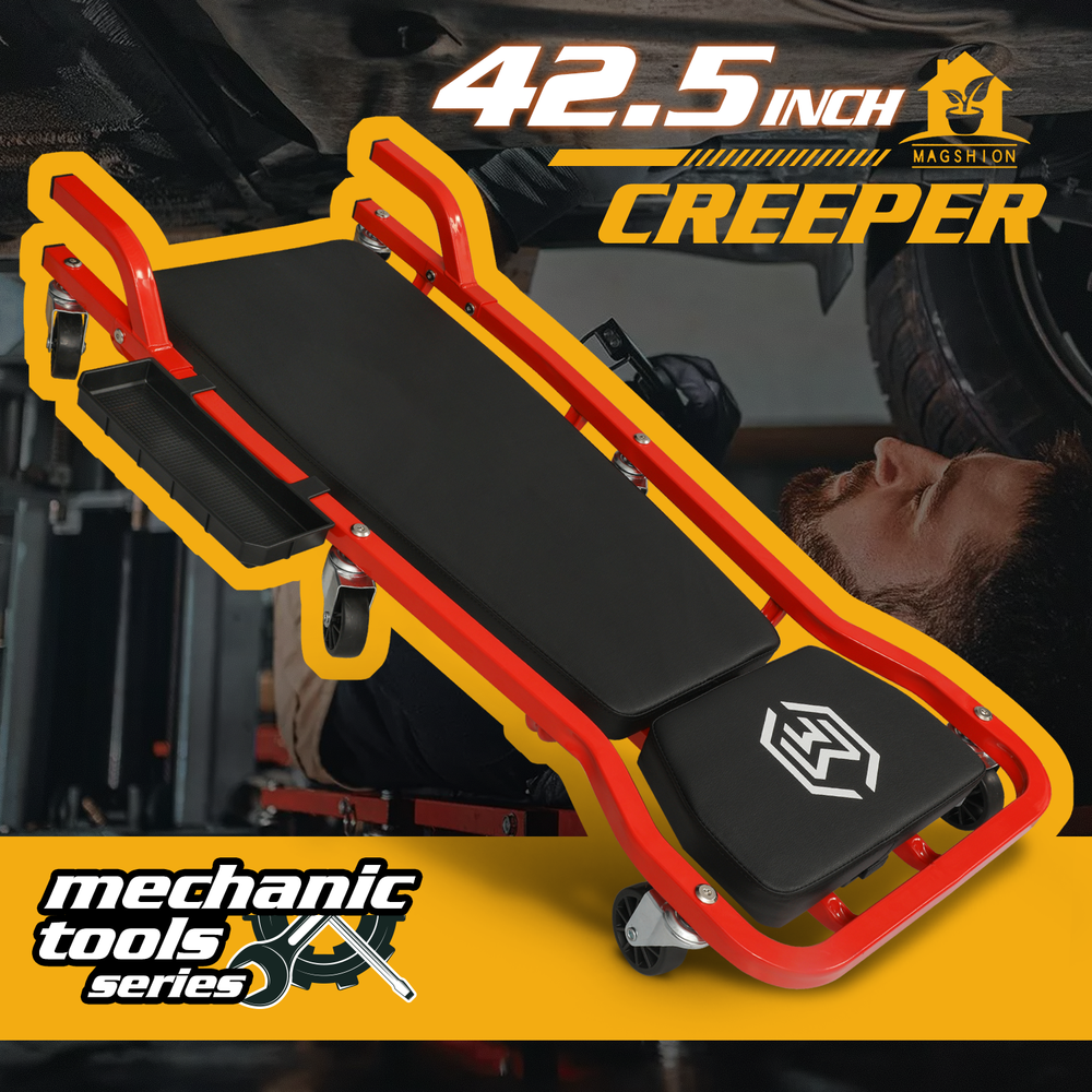 [ADJUSTABLE HEADREST+HANDLE]Rolling Padded Low Profile Creeper Garage Car Repair