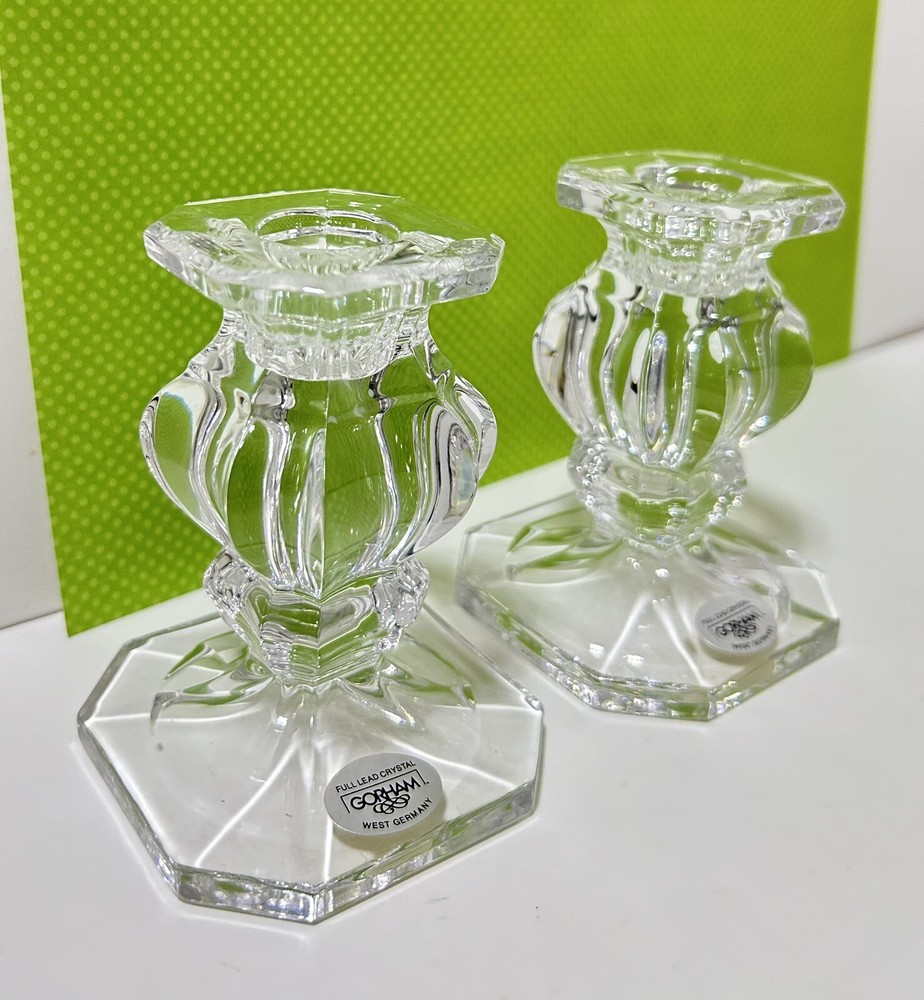 Gorham Crystal Baroque Candlestick Pair WITH BOX 4” Full Lead Crystal Germany