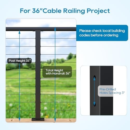 36" Stainless Steel Cable Railing Post with Flat Bracket, Surface Mount for Deck