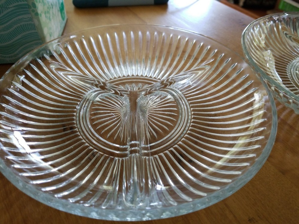 TWO KIG Indonesia Clear Glass Three Compartment Ribbed Nut Candy Dish