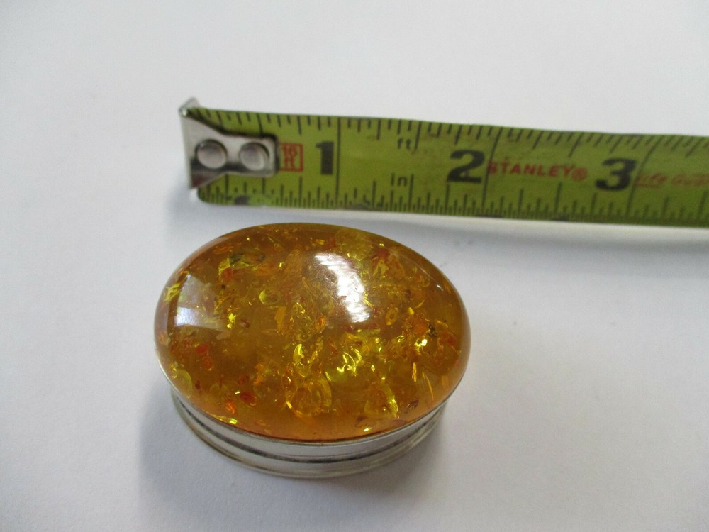 Sterling silver pill box yellow Umber Resin on top solid 925 silver oval shape