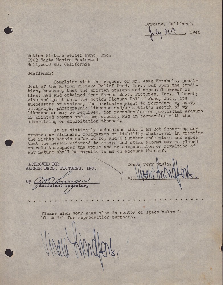 VIVECA LINDFORS - DOCUMENT DOUBLE SIGNED 07/20/1946