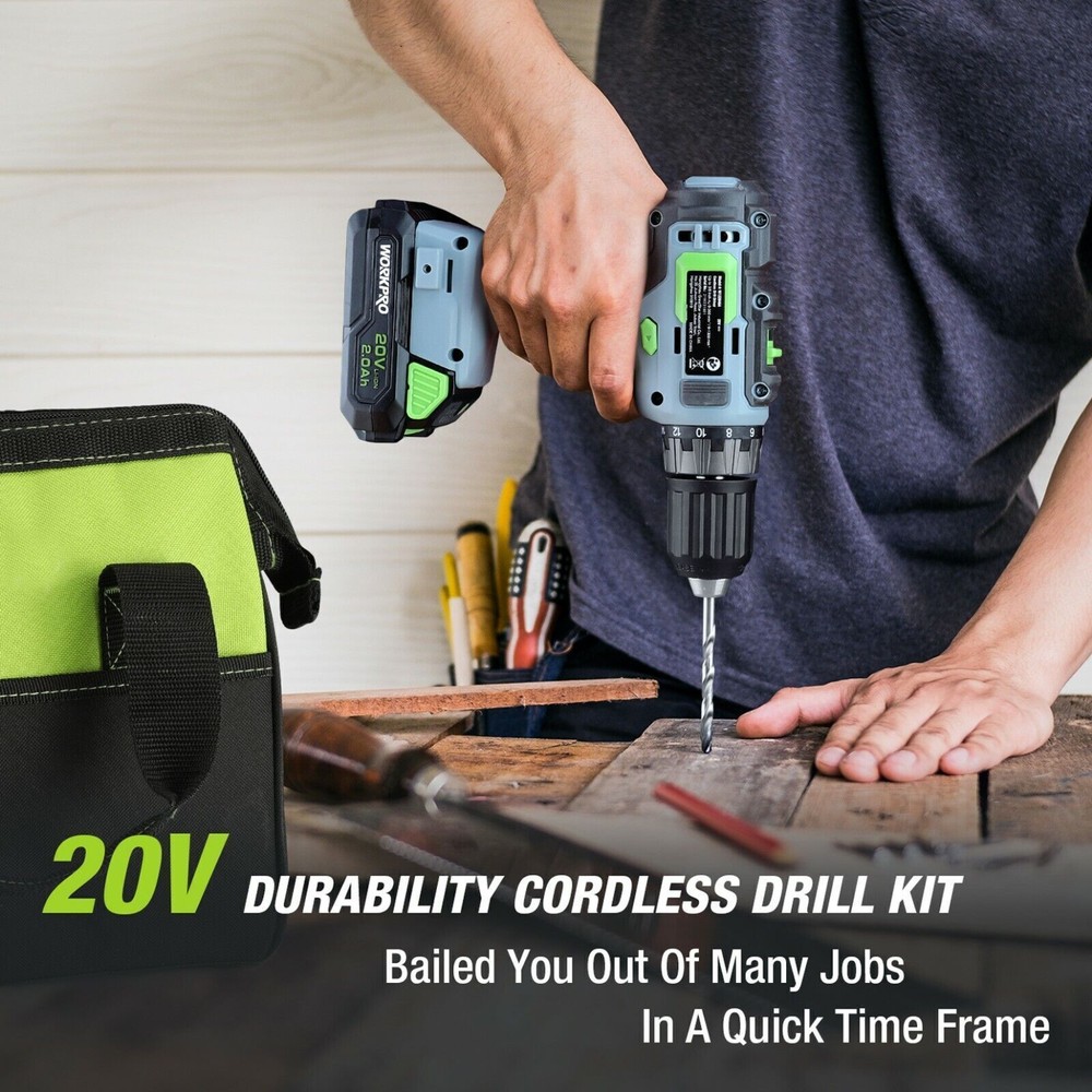 WORKPRO 20V Cordless Drill Driver Kit Keyless Chuck Storage Bag&2.0Ah Battery