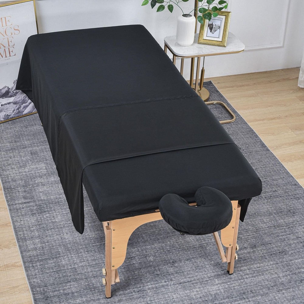 Massage Sheet Set 3 Piece Microfiber Set Fitted Flat Face Rest Cover Black